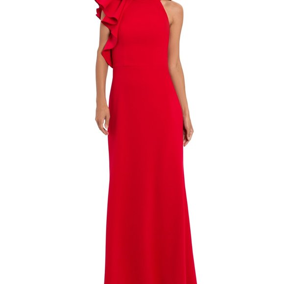 Betsy and Adam One Shoulder Red Halter Gown - Picture 3 of 7